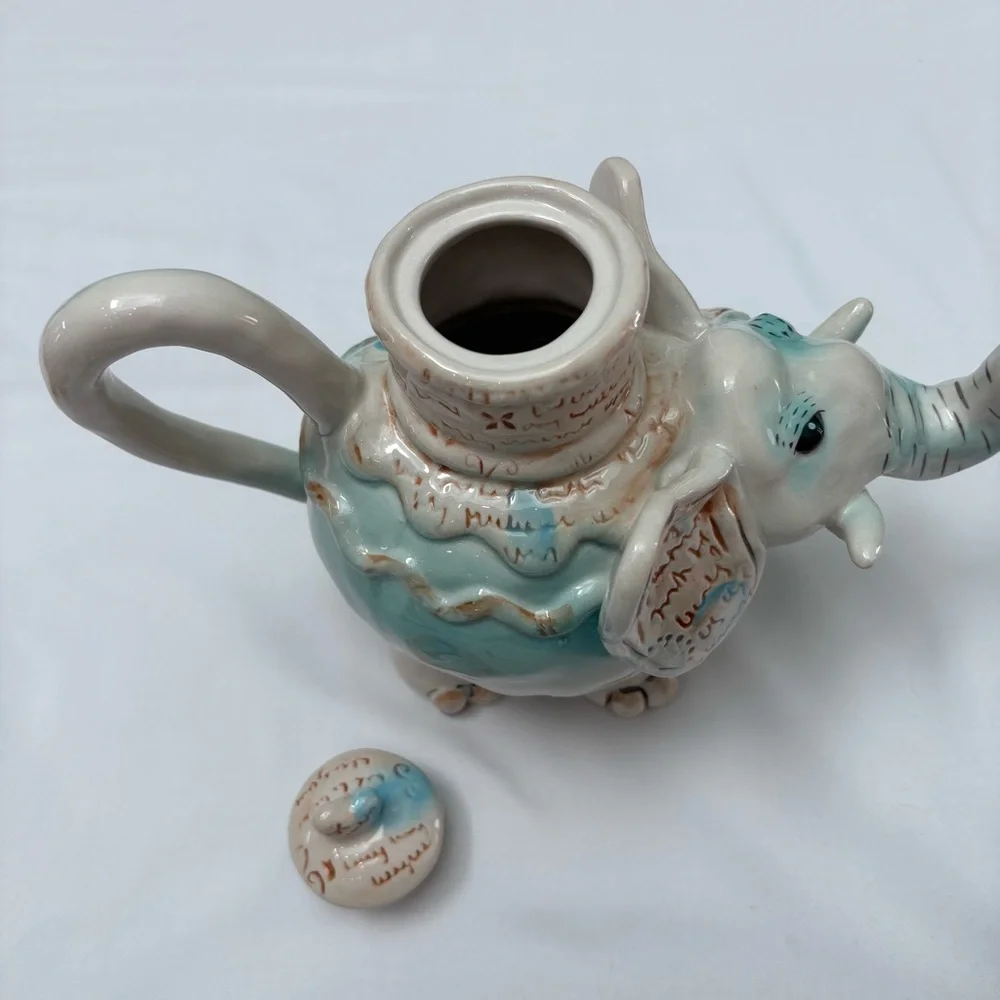 Blue Sky Clayworks Elephant Ceramic Teapot by Heather Goldminc Cream Blue